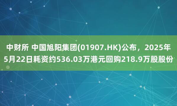 中财所 中国旭阳集团(01907.HK)公布，2025年5月22日耗资约536.03万港元回购218.9万股股份
